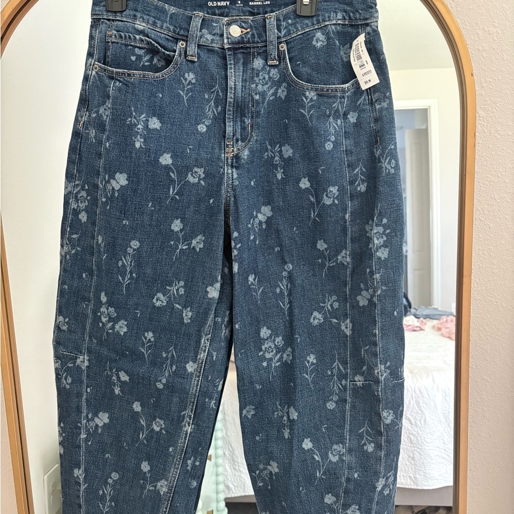 Old Navy Blue Floral-Print Barrel Jeans